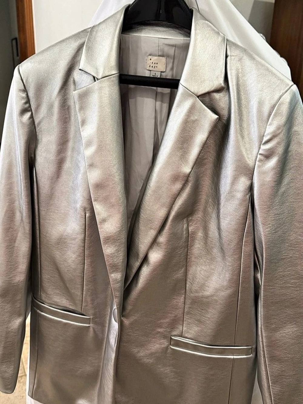 A New Day Women's Relaxed Fit Faux Leather Blazer Silver Large
